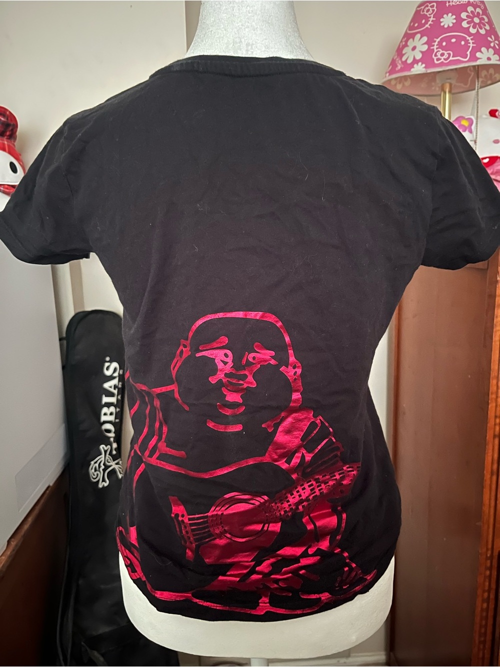 Black Women Graphic T-Shirt with Red metalic Buddha Print